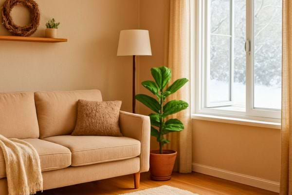 Salon cosy avec canape beige plantes et lumiere douce pres d une fenetre donnant sur un paysage hivernal.