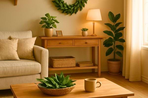 Salon chaleureux avec plantes vertes, meubles en bois clair et atmosphere douce et apaisante.