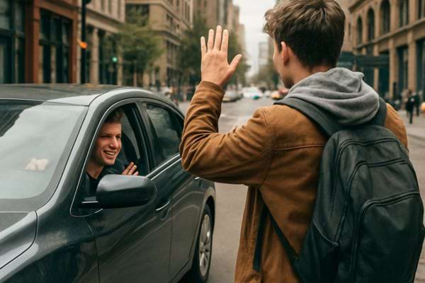 un jeune homme salue un ami depuis le trottoir pendant qu une voiture s arrete dans une rue de ville