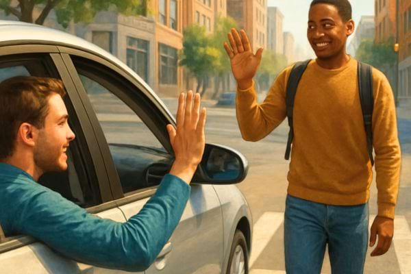 deux amis se font un signe de la main entre une voiture et un trottoir en pleine rue