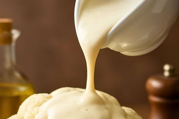 Une sauce cremeuse est versee sur un chou fleur. L huile et les epices sont visibles a l arriere plan.