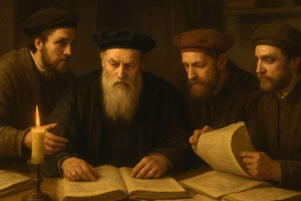 Quatre hommes barbus etudies penches sur des parchemins anciens eclaires a la bougie dans une piece sombre