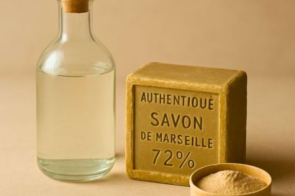 Un savon de marseille authentique avec une bouteille deau est presente comme solution contre les taches.
