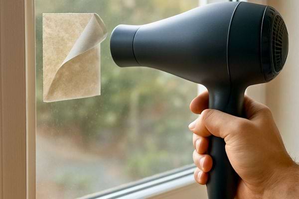 Un seche cheveux chauffe un autocollant sur une vitre. La chaleur aide a le decoller facilement.