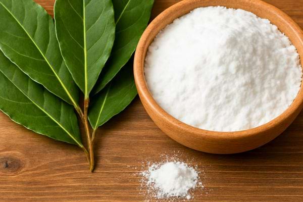 Bol en bois avec poudre blanche et feuilles de laurier pour preparation menagere naturelle.