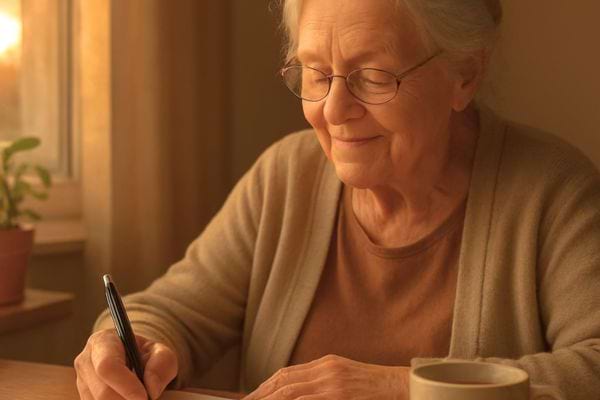 femme agee ecrivant tranquillement a une table pres dune fenetre dans une ambiance chaleureuse et apaisante