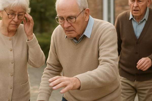 Un homme age perd l equilibre a l exterieur. Deux autres personnes reagissent inquiets face a la situation.