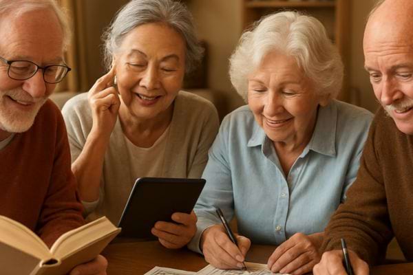 groupe de personnes agees lisant ecrivant et utilisant une tablette autour dune table dans un interieur cosy