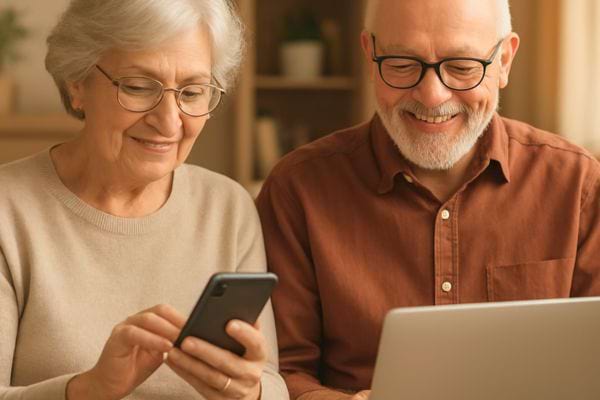 couple age utilisant un smartphone et un ordinateur portable a domicile avec le sourire
