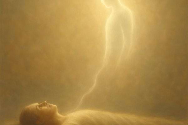 Une forme lumineuse s eleve doucement au dessus d un corps allonge suggerant une sortie de l ame.