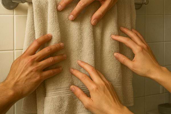 serviette de bain humide touchee par plusieurs mains dans une salle de bain