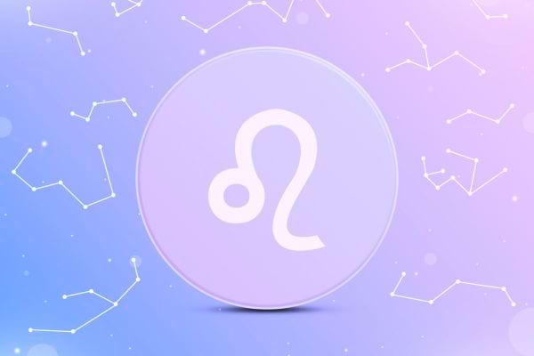 icone du lion blanche dans un cercle violet sur fond degrade bleu rose avec constellations graphiques discretes