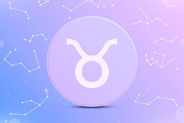 symbole du taureau blanc affiche dans un cercle violet avec decor astrologique et constellations en fond doux