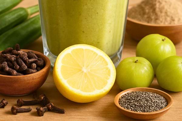 smoothie vert accompagne de citron graines chia clous de girofle et fruits verts sur table en bois