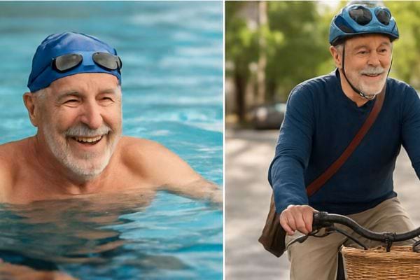 homme age nageant dans une piscine et faisant du velo en exterieur symbole dune vie active et dynamique