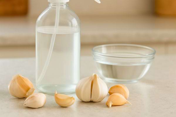 Pulverisateur rempli dun melange a base dail avec gousses coupees sur un plan de travail.