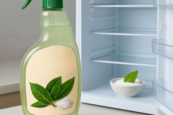 Bouteille spray au laurier placee devant un refrigerateur ouvert avec un bol a l interieur.