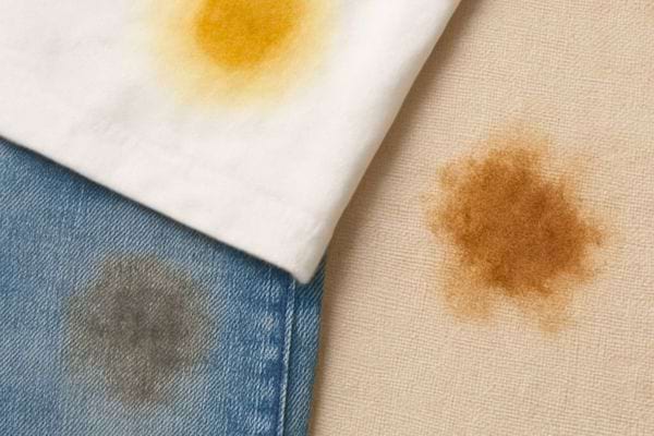 Plusieurs taches visibles sur du coton du jean et du lin montrent des degats sur divers textiles.