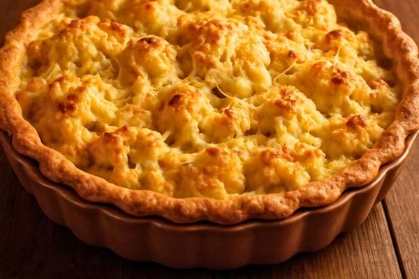 Une tarte au chou fleur gratinee sort du four. La pate est doree et le fromage fondant.