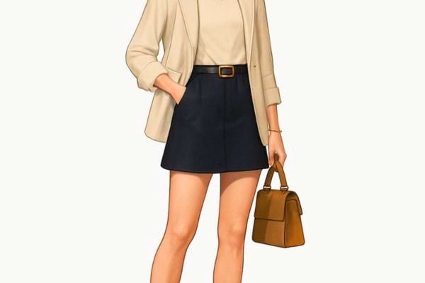 illustration mode femme avec jupe tailleur blazer clair et sac a main elegant