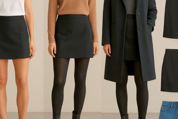 presentation de differentes tenues avec jupes noires collants et manteau dans un style urbain chic