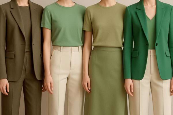 Alignement de tenues feminines vertes et beiges montrant une harmonie de couleurs naturelles