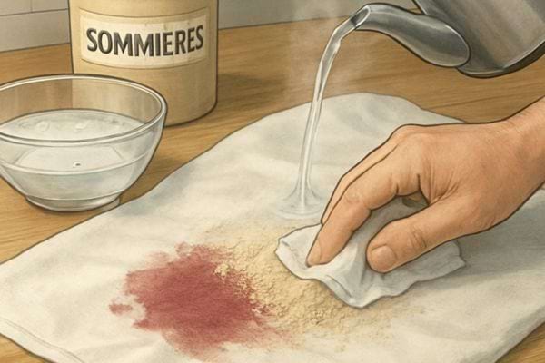 De leau chaude est versee sur une tache avec de la terre de sommieres pour absorber la salissure.