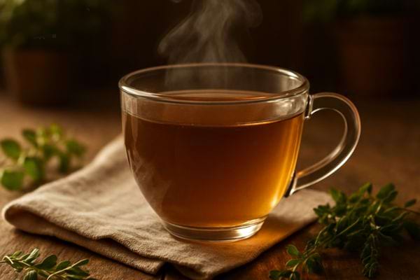 tasse en verre fumante posee sur un linge avec herbes fraiches ambiance cocooning