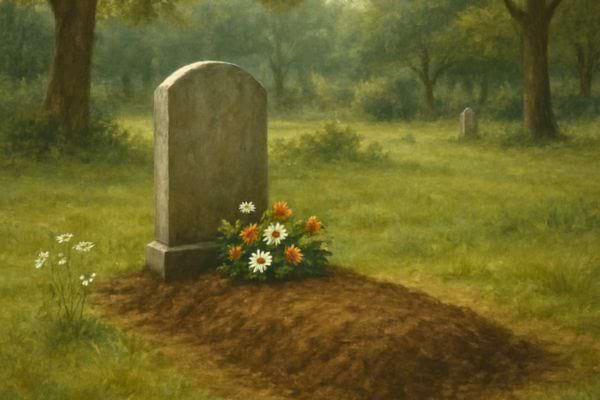 tombe simple avec des fleurs deposees sur la terre fraiche dans un cimetiere verdoyant et calme