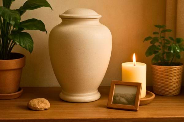 Urne funeraire posee sur un meuble avec une bougie allumee et une photo souvenir dans une ambiance paisible.