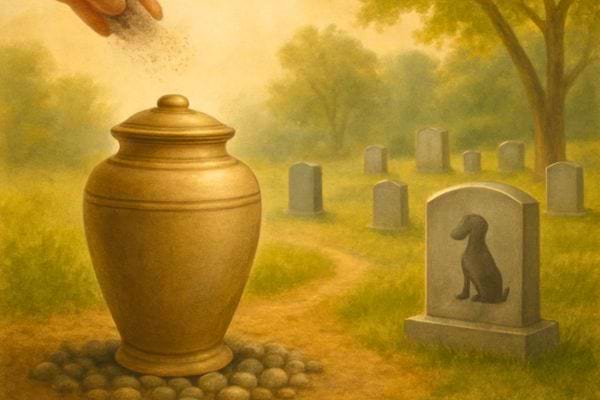 une urne est deposee dans un cimetiere symbolisant l hommage rendu a un chien disparu