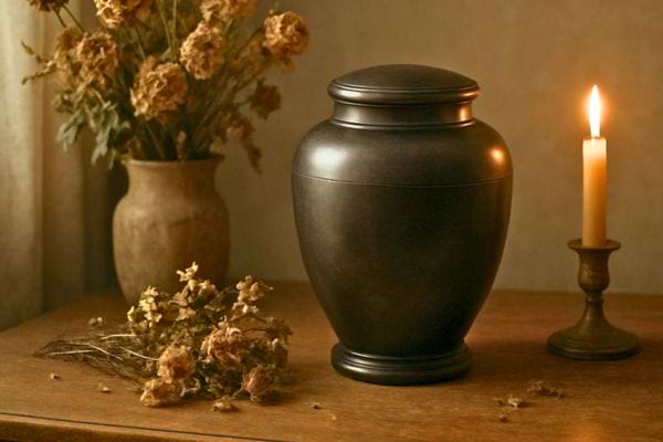 Urne funeraire noire accompagnee d une bougie et de fleurs sechees sur une table en bois.