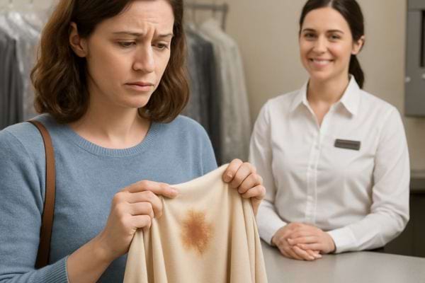 Une femme montre une tache brune sur un vetement au comptoir dun pressing avec un air inquiet.