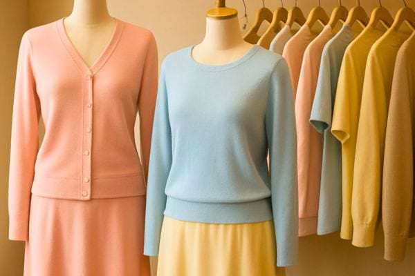 Selection de vetements pastel exposes sur mannequins et cintres dans une boutique lumineuse