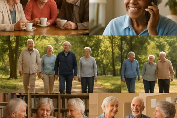 scene collective avec personnes agees buvant un cafe marchant dehors et echangeant dans un cadre naturel