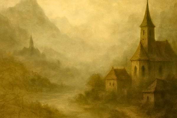 Paysage ancien avec eglise et maisons medievales plongees dans une brume douce et une lumiere doree