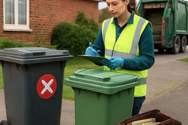 agent municipal verifiant des poubelles devant une maison avec camion en arriere plan