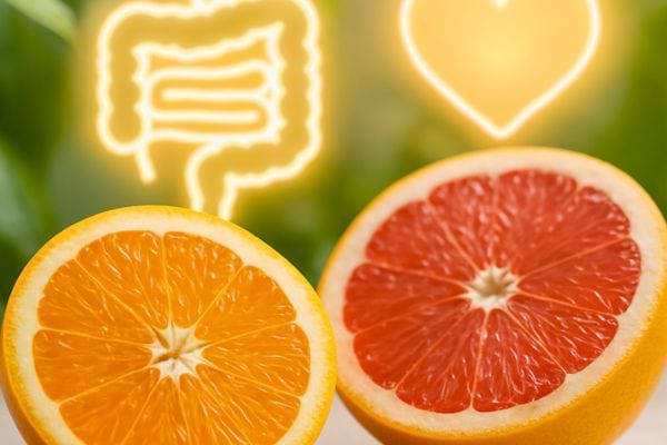 demi orange et pamplemousse avec symboles intestin et coeur illustrant bienfaits digestifs