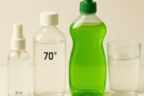 bouteilles de liquide menager et alcool a 70 degres posees a cote d un verre d eau