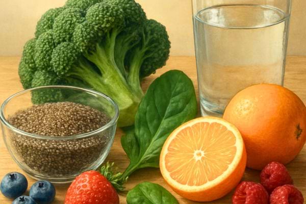 brocoli graines de chia fruits rouges orange eau et epinards disposes sur une table pour une alimentation saine