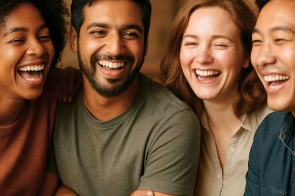 quatre amis de differentes origines rient ensemble assis proches les uns des autres dans une ambiance chaleureuse