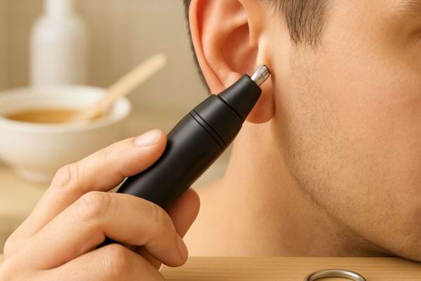 main tenant un appareil electrique pres de loreille dun homme