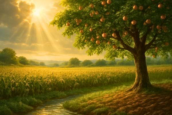 arbre charge de fruits dans un champ baigne de lumiere avec riviere et ciel lumineux au coucher du soleil