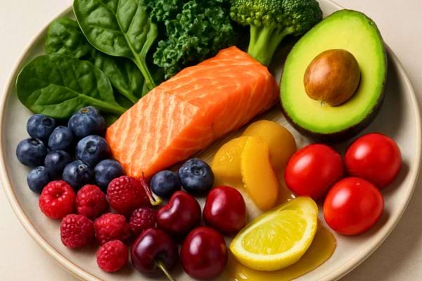 assiette equilibree avec saumon avocat fruits rouges legumes verts citron et tomates cerises