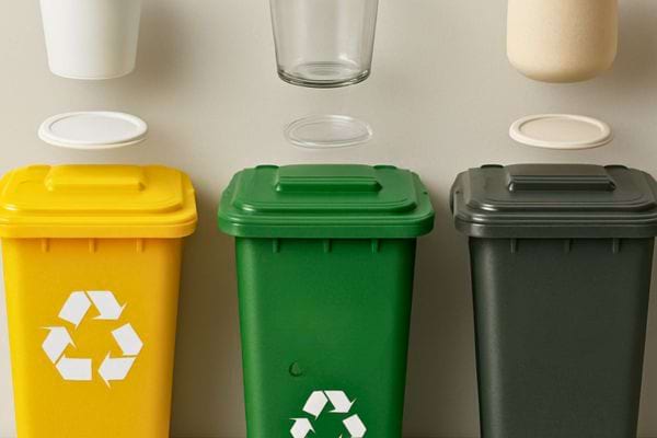 trois bacs de recyclage jaune vert et gris alignes sous des contenants plastiques