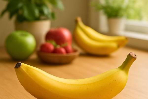 banane fraiche au premier plan avec pommes fraises et autres fruits dans une cuisine lumineuse
