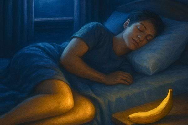 personne endormie dans un lit avec une banane posee sur la table de nuit dans une ambiance calme