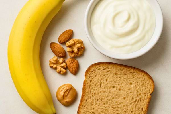 banane entiere avec yaourt nature noix amandes et tranche de pain disposees sur fond clair