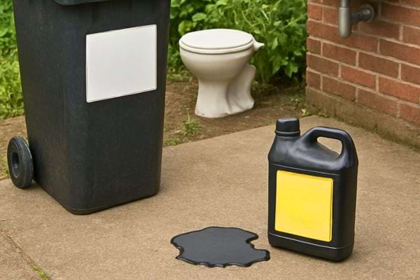 un bidon noir dh uile renverse sur le sol pres dune poubelle et dune maison
