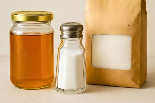un pot de miel un sucrier et un sachet de sucre sont poses sur une surface claire